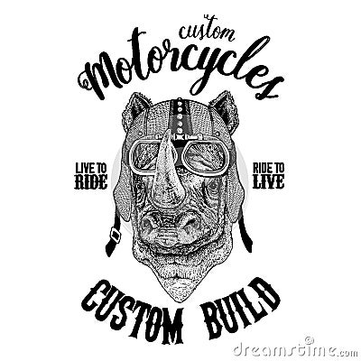 Rhinoceros, rhino Biker, motorcycle animal. Hand drawn image for tattoo, emblem, badge, logo, patch, t-shirt Vector Illustration