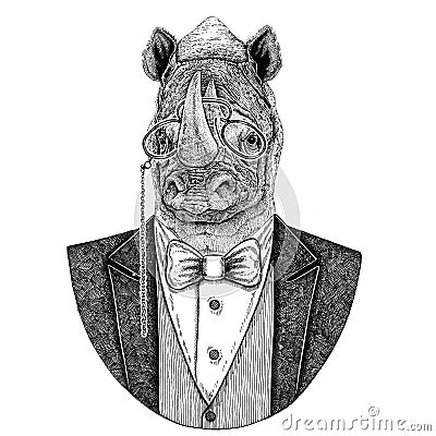 Rhinoceros, rhino Hipster animal Hand drawn illustration for tattoo, emblem, badge, logo, patch, t-shirt Cartoon Illustration