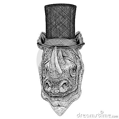 Rhinoceros, rhino wearing cylinder top hat Stock Photo