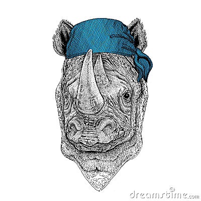 Rhinoceros, rhino Wild animal wearing bandana or kerchief or bandanna Image for Pirate Seaman Sailor Biker Motorcycle Stock Photo