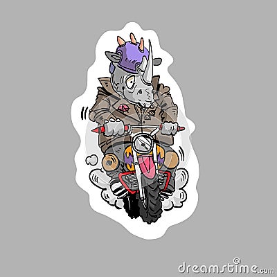 Rhinoceros riding a motorcycle. Sticker cartoon style. Comics art vector art Vector Illustration