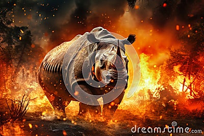 A rhinoceros running urgently in front of a raging fire in the forest, symbolizing the environmental threat posed by wildfires Stock Photo