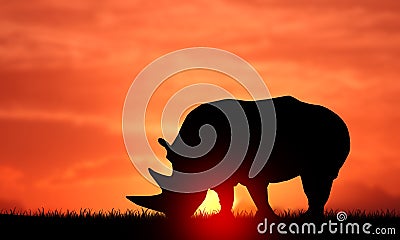 Rhinoceros Silhouette in Sunset Sky. Rhino Endangered African Animal Stock Photo