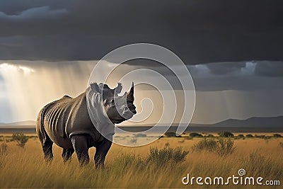 a rhinoceros standing in the savanna, set against a backdrop of a dark, stormy sky with a streak of light shining through, ai Stock Photo