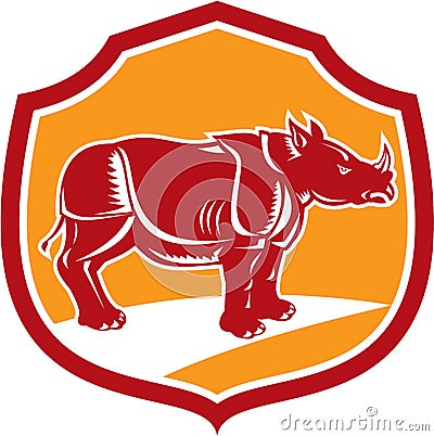 Rhinoceros Standing Shield Retro Vector Illustration