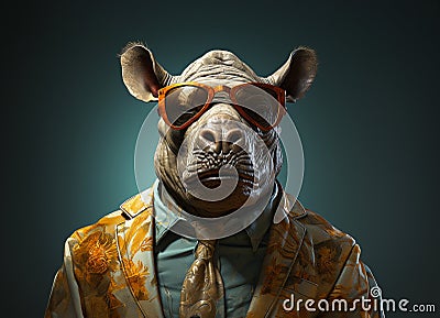 Rhinoceros with sunglasses wearing suit and tie on solid green background. Generative AI Stock Photo