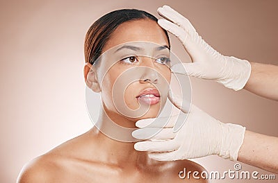 Rhinoplasty, hands and woman consulting for face botox, beauty implant or makeup cosmetics. Facial consultation Stock Photo