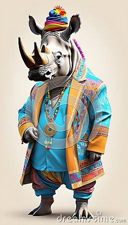 Rhinos dressed in hippie clothes: Humanization of Animals Concept Stock Photo