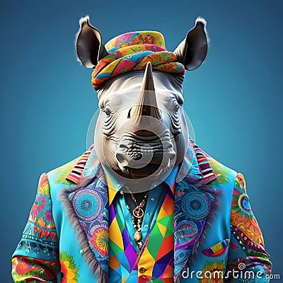 Rhinos dressed in hippie clothes: Humanization of Animals Concept Stock Photo