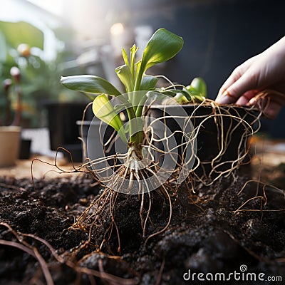 Rhizome revelation Home potted plants roots entwined, necessitating replanting Stock Photo