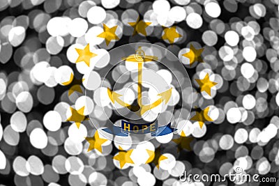 Rhode Island abstract blurry bokeh flag. Christmas, New Year and National day concept flag. United States of America Stock Photo