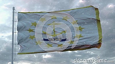 Rhode Island winter flag with snowflakes background. United States of America. 3d rendering Stock Photo