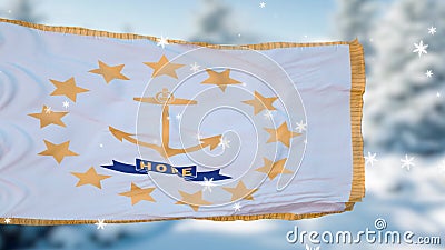 Rhode Island winter snowflakes flag background. United States of America. 3d illustration Cartoon Illustration