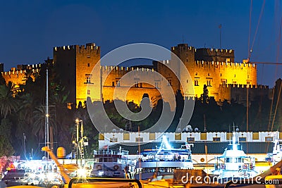 Rhodes fortress at night, Dodecanese islands, Greece Stock Photo