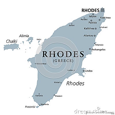Rhodes, gray political map, largest of Dodecanese island of Greece Vector Illustration