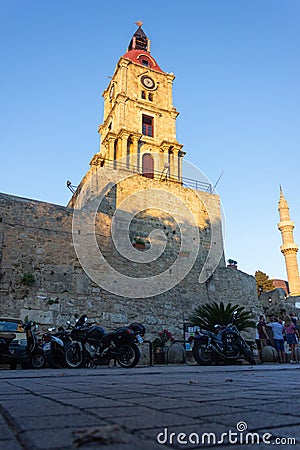 Clock tower on the island of Rhodes in Greece. Editorial Stock Photo