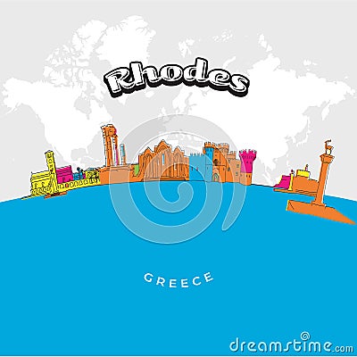 Rhodes Greece colorful panorama Vector Illustration