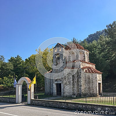 Ancient church in the road for the top of the mountain,orthodox place to pray Stock Photo