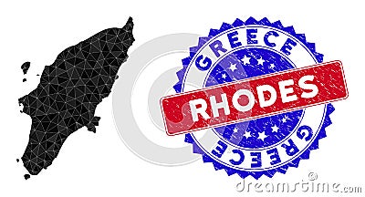 Rhodes Island Map Polygonal Mesh and Scratched Bicolor Watermark Vector Illustration