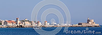 Rhodes, Mandraki harbour, view of the fortifications of the Old Town of Rhodes Editorial Stock Photo