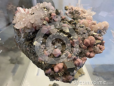 Rhodochrosite, quartz, pyrite or Rhodochrosit, Quarz, Pyrit minerals and crystals in the exhibition Mount SÃ¤ntis - Switzerland Stock Photo