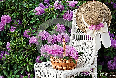 hat on wicker chair in rhododendron garden Stock Photo