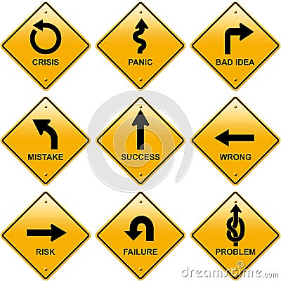 Rhombic yellow road signs with arrows Stock Photo