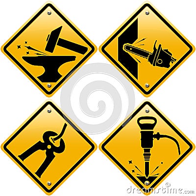Rhombic yellow road signs with tools Stock Photo