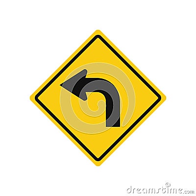 Rhomboid traffic signal in yellow and black, isolated on white background. Turn left Vector Illustration