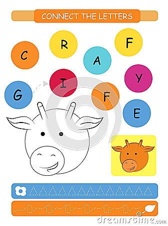 Connect the letters - Giraffe. Printable worksheet for preschool and kindergarten kids. Alphabet learning letters and coloring. Ha Vector Illustration