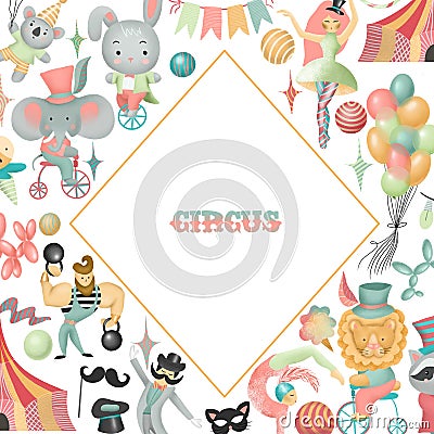 Rhombus frame, card template with hand drawn circus actors, animals and elements of circus or amusement park Stock Photo