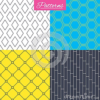 Rhombus, hexagon and grid with circles textures. Vector Illustration