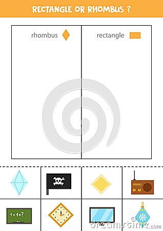 Rhombus or rectangle. Sort pictures into columns. Geometrical shapes. Vector Illustration