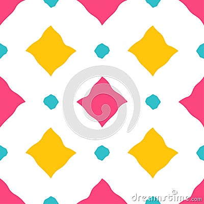 Rhombuses pattern seamless vector illustration of simple yellow, pink and blue diamonds with wavy contours on white background Vector Illustration