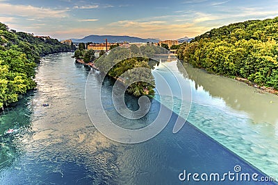 Rhone and Arve river confluence, Geneva Stock Photo