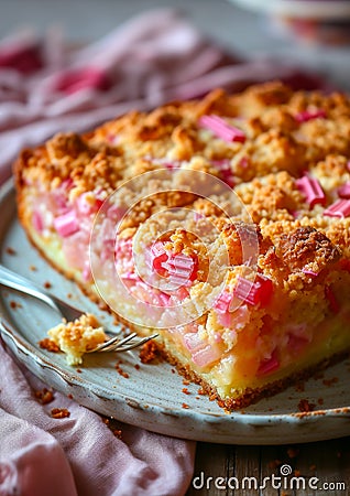 Rhubarb Crumble Cake on Plate. Spring sweet homemade baking Stock Photo