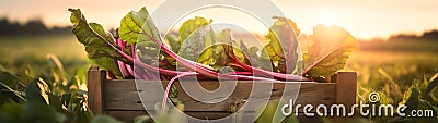 Rhubarb leafstalks harvested in a wooden box in a field with sunset. Stock Photo