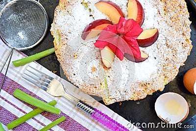 Rhubarb pie with nectarine on top Stock Photo