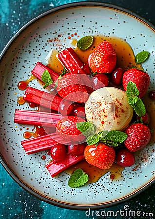 Rhubarb and Strawberry Dessert Plate. Summer dessert Stock Photo