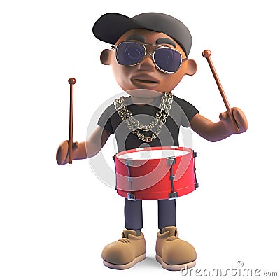 Rhythmic black hiphop rapper playing the drums, 3d illustration Cartoon Illustration