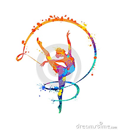 Rhythmic gymnastics girl with ribbon. Dancer silhouette Vector Illustration