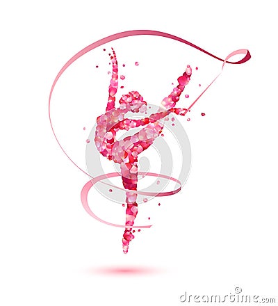 Rhythmic gymnastics girl with ribbon of pink rose petals Vector Illustration