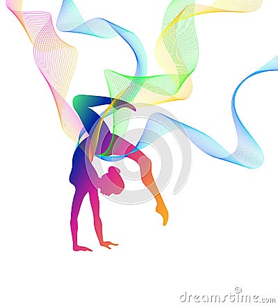 Rhythmic gymnastics girl silhouette with multi-colored lines Vector Illustration