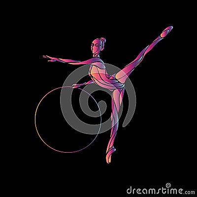 Rhythmic Gymnastics with Hoop Silhouette on black background Vector Illustration