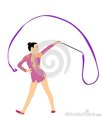 Rhythmic Gymnastics lady with ribbon. Athlete woman in gym exercise. Vector Illustration