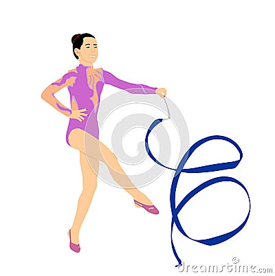 Rhythmic Gymnastics lady with ribbon. Athlete woman in gym exercise. Vector Illustration