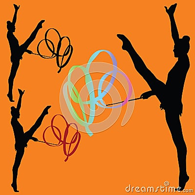 Rhythmic gymnastics with ribbon silhouette Vector Illustration