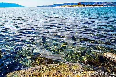 Rib on clear sea water, rocky seabed with rocks Stock Photo