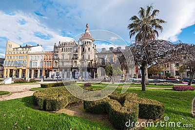 Ribadeo, Spain - November 21, 2018: Ribadeo main square and Torre dos moreno, Ribadeo, Galicia, Spain Editorial Stock Photo