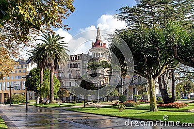 RIBADEO, SPAIN - October 4, 2020:Plaza de Espana square in the Ribadeo city center, Lugo, Galicia, Spain Editorial Stock Photo